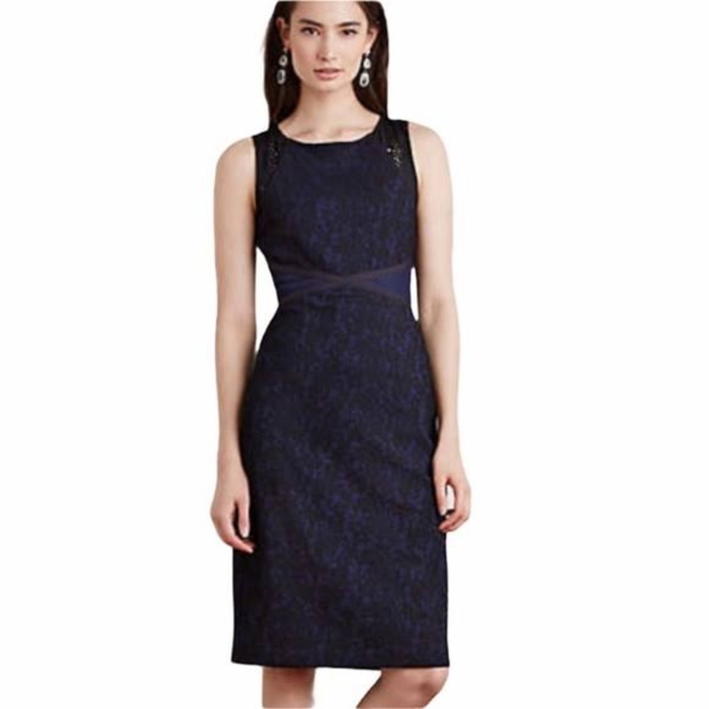 Anthropologie Moulinette Soeurs Larkin Brocade Sheath Dress Size 12 Black/Blue